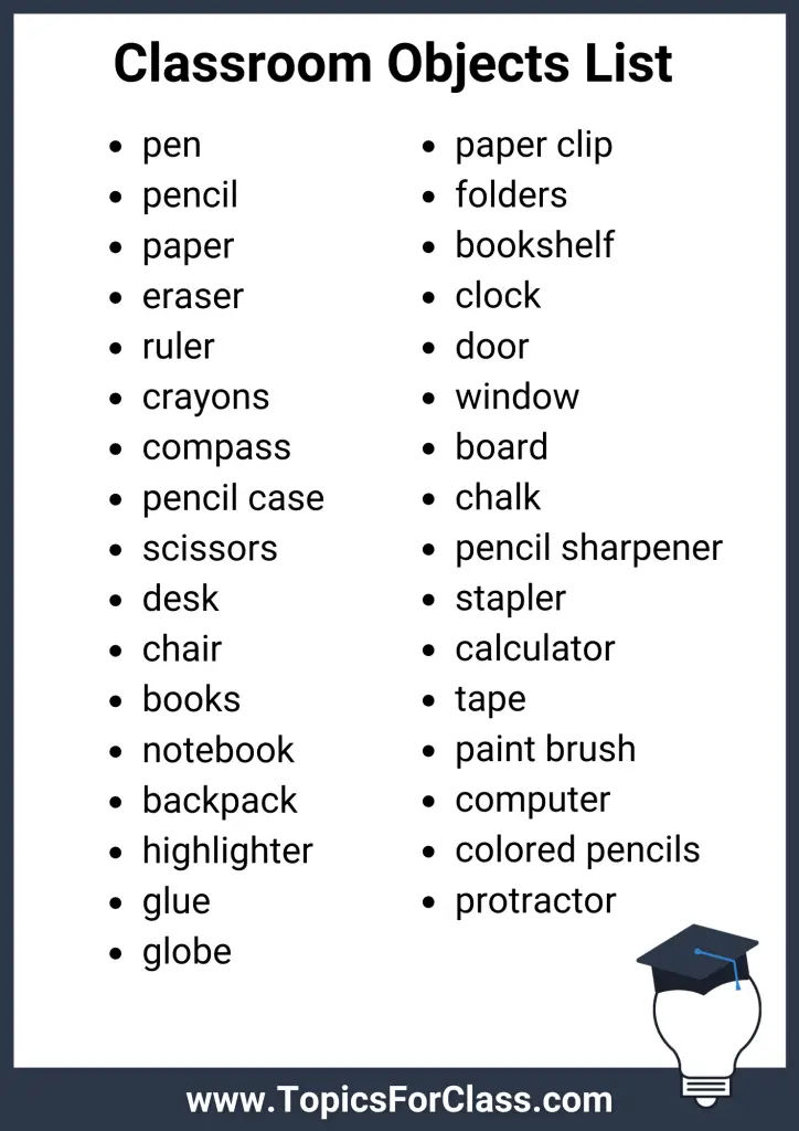 Classroom Objects List PDF